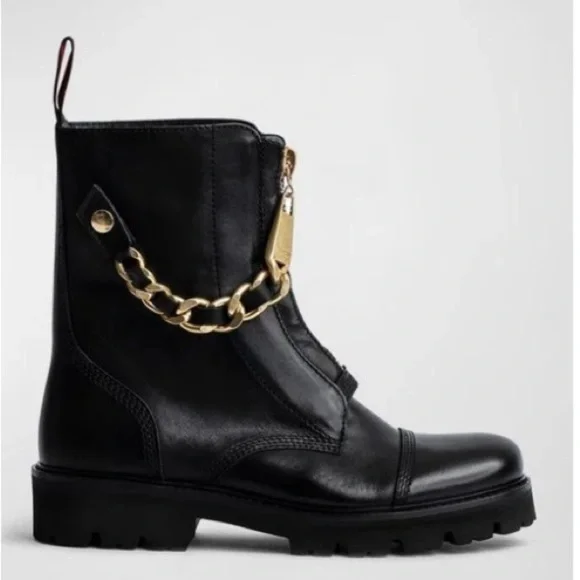 Zadig & Voltaire Joe Cecilia leather combat moto boots with gold chain NWT 37/6 - Picture 5 of 17
